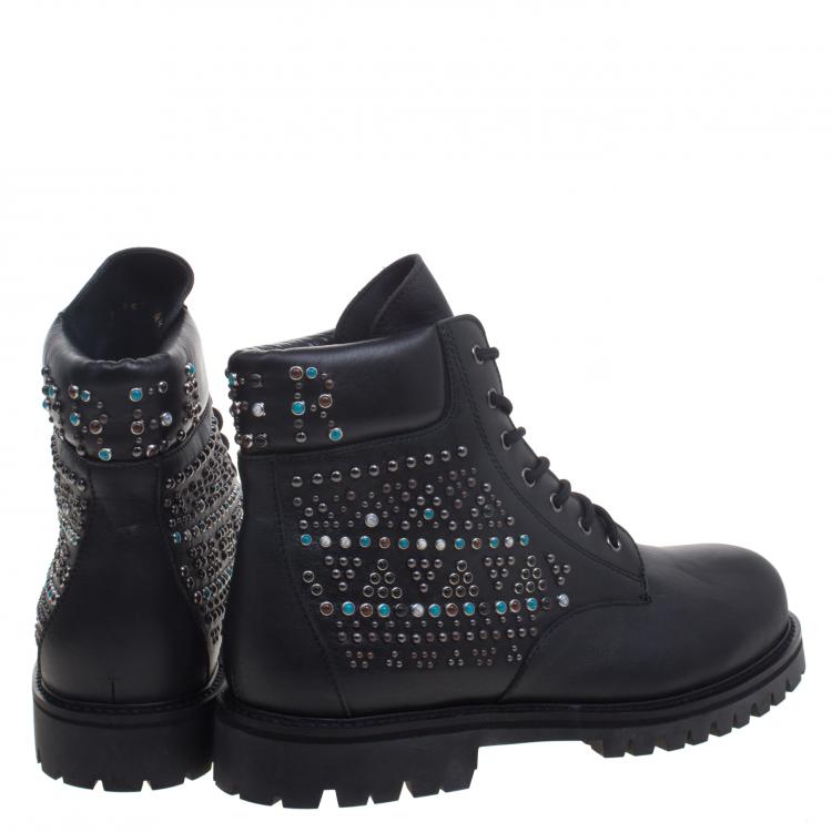Pre Owned Valentino Black Leather Rolling Rockstud Dreamer Combat Boots Size 44