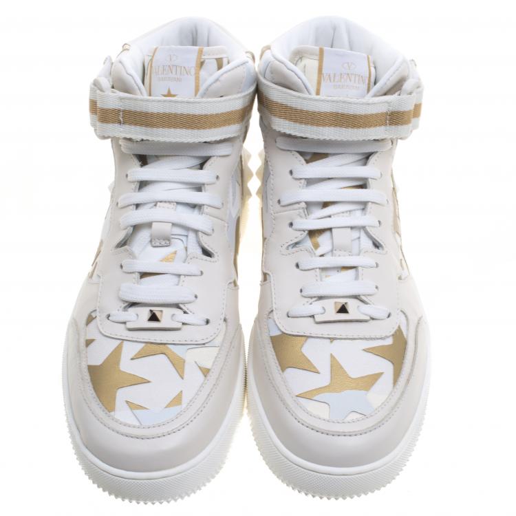 Pre Owned Valentino White Camouflage Canvas And Leather Rolling Rockstud High-Top Sneakers Size 43