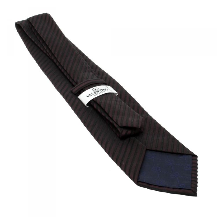 Pre Owned Valentino Burgundy and Black Embroidered Stripe Traditional Silk  Tie