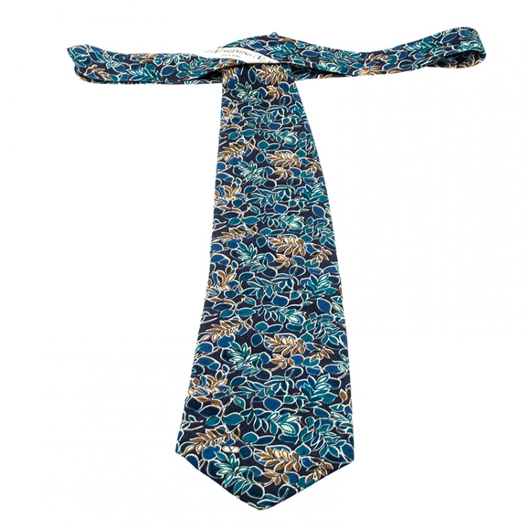 Pre Owned Valentino Cravatte Blue Floral Printed Silk Traditional Tie