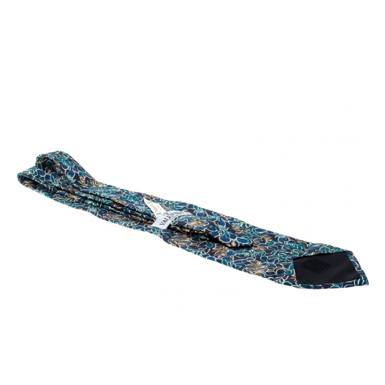 Pre Owned Valentino Cravatte Blue Floral Printed Silk Traditional Tie