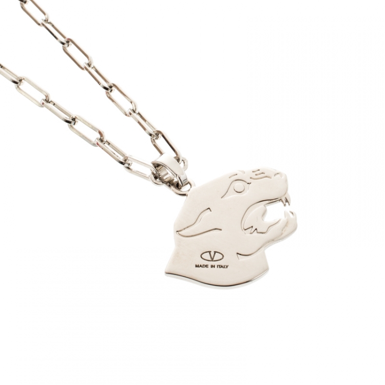 Pre Owned Valentino Panther Charm Silver Tone Chain Link Pendant Necklace 