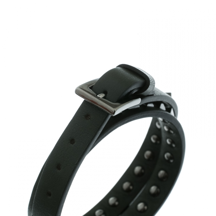 Pre Owned Valentino Rockstuds Army Green Leather Gunmetal Tone Double Wrap Bracelet