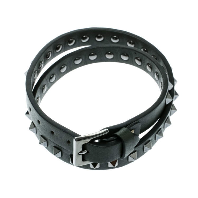 Pre Owned Valentino Rockstuds Army Green Leather Gunmetal Tone Double Wrap Bracelet