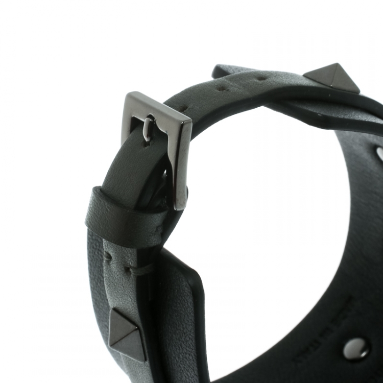 Pre Owned Valentino Large Rockstud Bi Color Olive Green Leather Gunmetal Tone Cuff Bracelet 