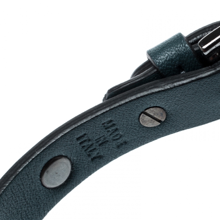 Pre Owned Valentino Rockstud Teal Blue Gunmetal Tone Leather Bracelet