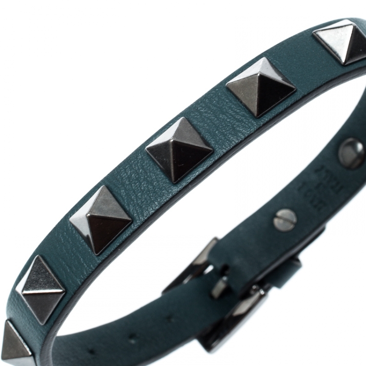 Pre Owned Valentino Rockstud Teal Blue Gunmetal Tone Leather Bracelet