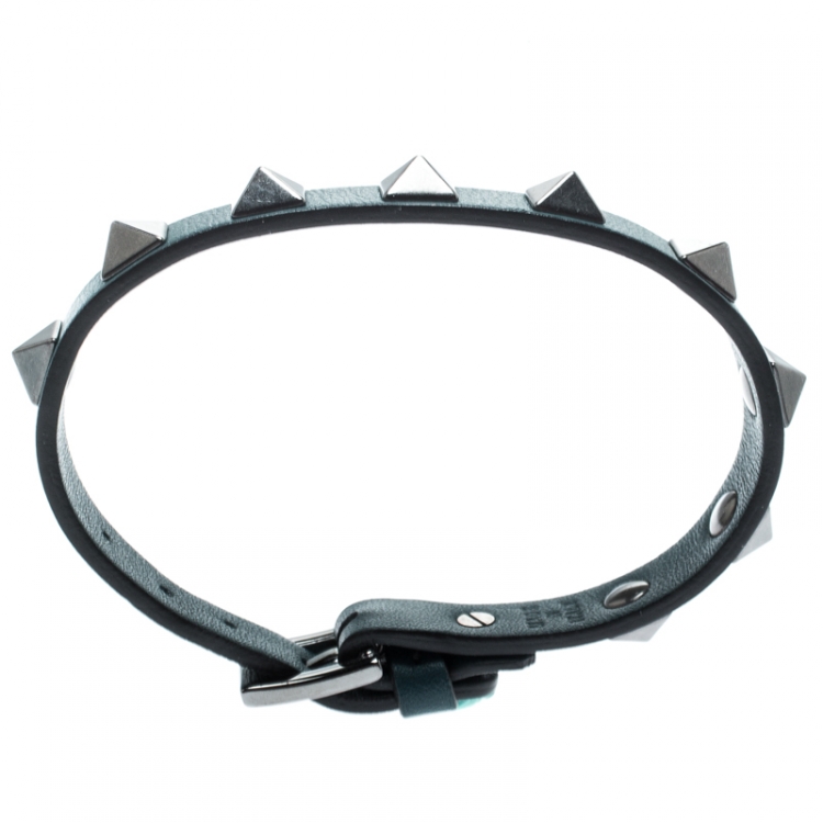 Pre Owned Valentino Rockstud Teal Blue Gunmetal Tone Leather Bracelet