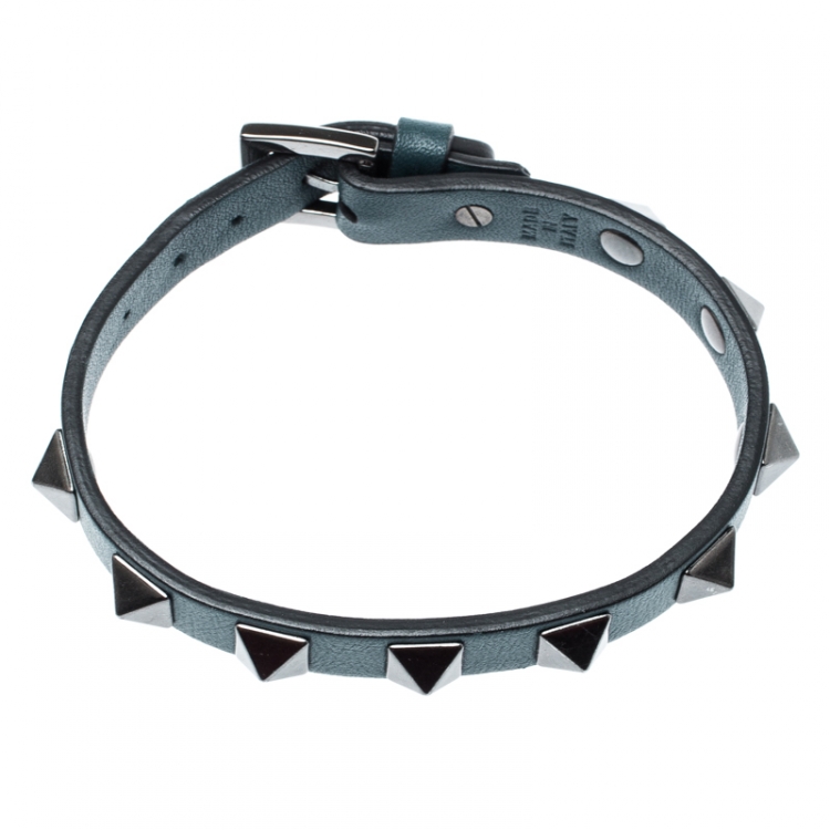 Pre Owned Valentino Rockstud Teal Blue Gunmetal Tone Leather Bracelet
