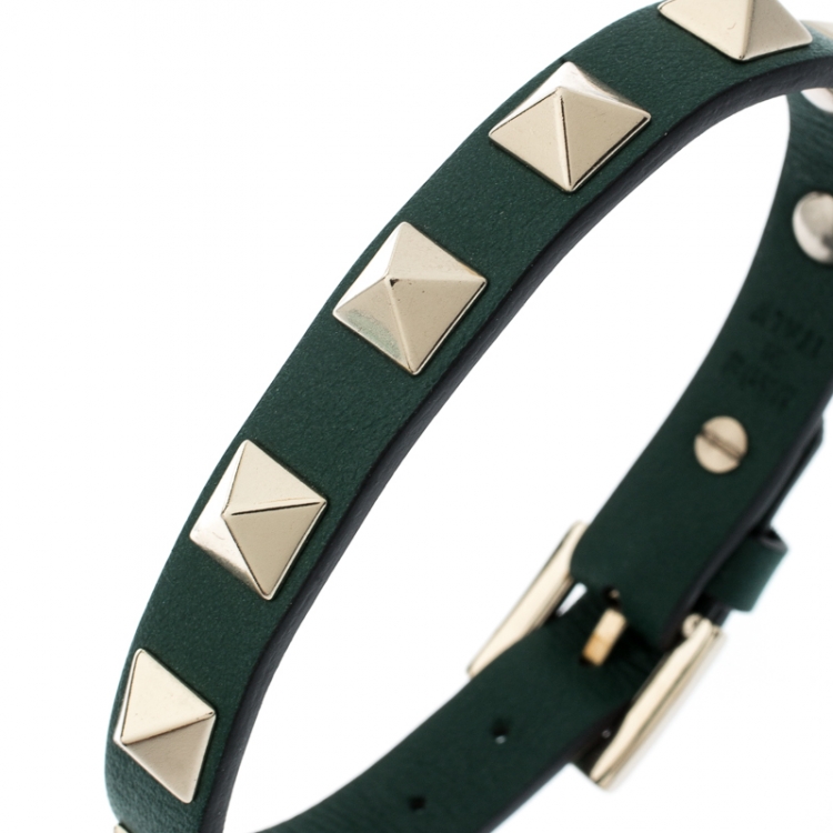 Pre Owned Valentino Rockstud Green Gold Tone Leather Bracelet