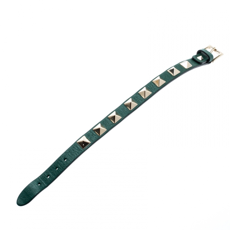 Pre Owned Valentino Rockstud Green Gold Tone Leather Bracelet