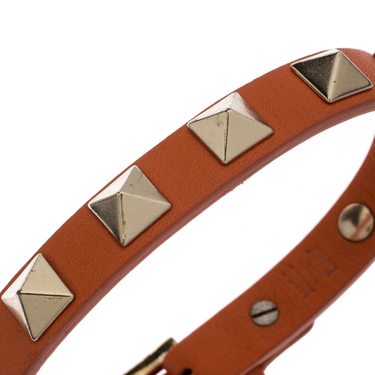 Pre Owned Valentino Rockstud Orange Leather Gold Tone Bracelet