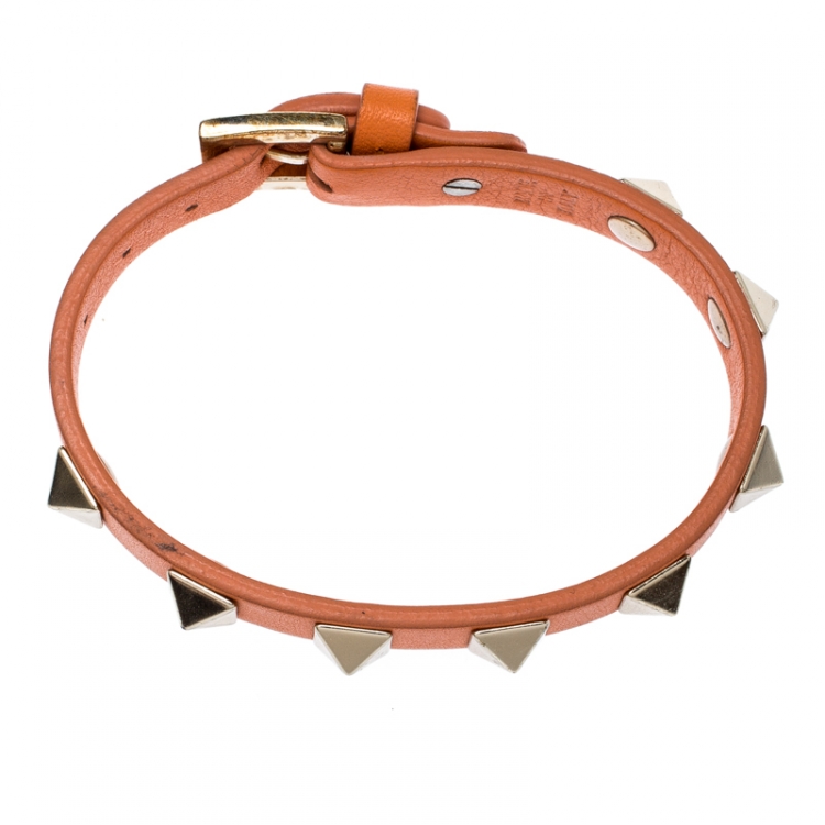Pre Owned Valentino Rockstud Orange Leather Gold Tone Bracelet