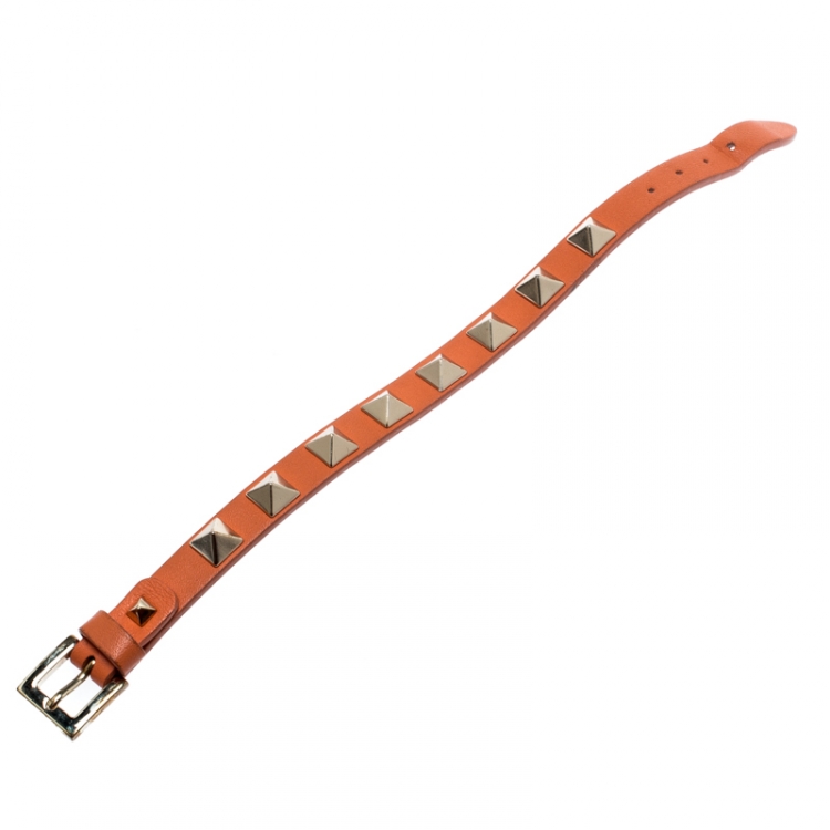 Pre Owned Valentino Rockstud Orange Leather Gold Tone Bracelet