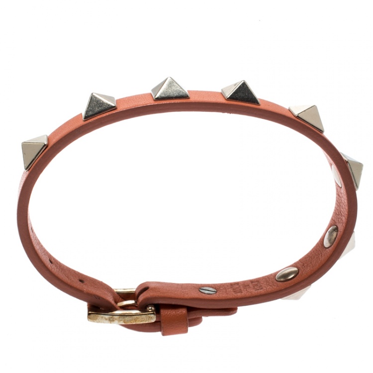 Pre Owned Valentino Rockstud Orange Leather Gold Tone Bracelet