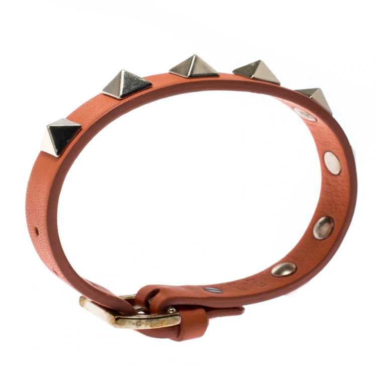 Pre Owned Valentino Rockstud Orange Leather Gold Tone Bracelet