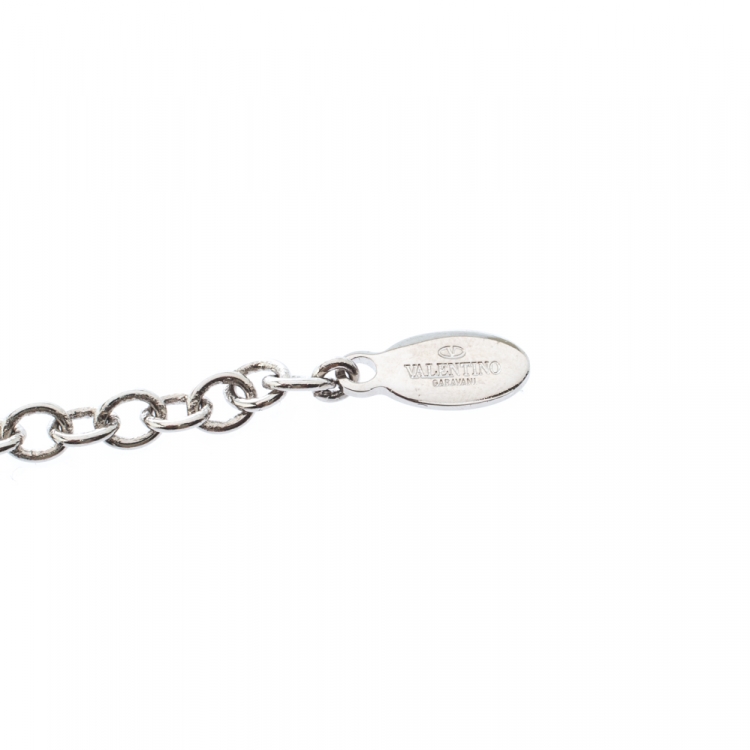 Pre Owned Valentino VLTN Logo Detail Silver Tone Long Necklace 