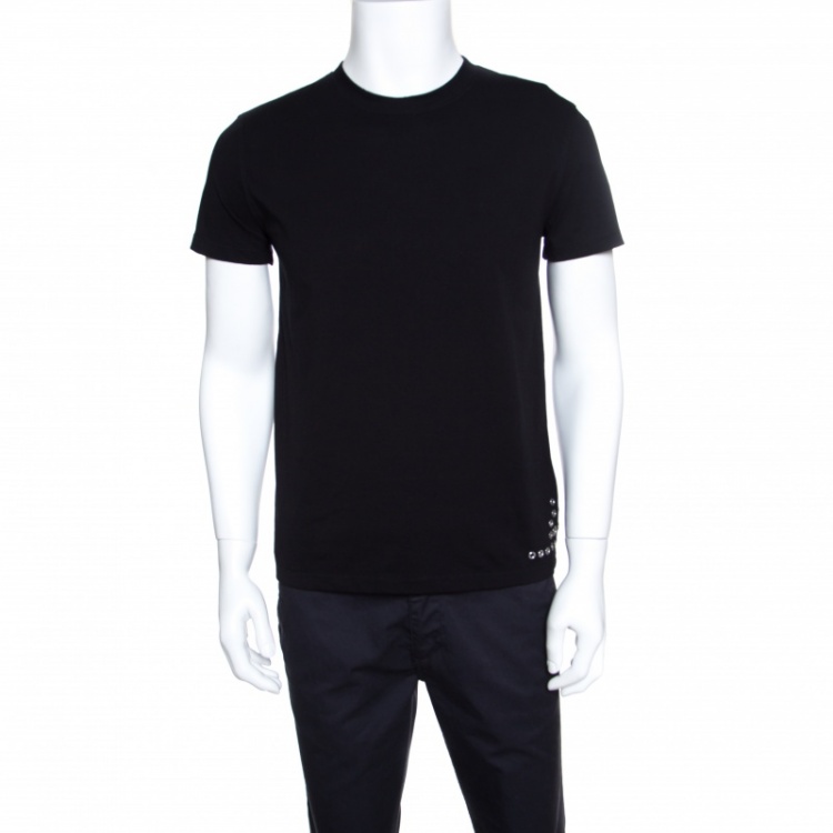 Pre Owned Valentino Black Cotton Eyelet Embellished Crew Neck T-Shirt M