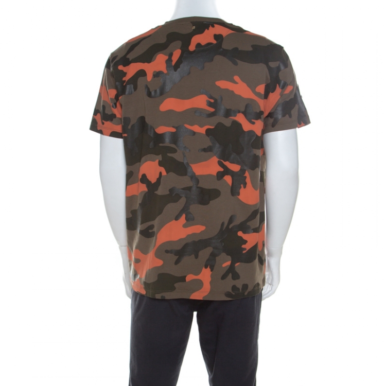 Pre Owned Valentino Khaki Green and Orange Camouflage Print Cotton T-Shirt L