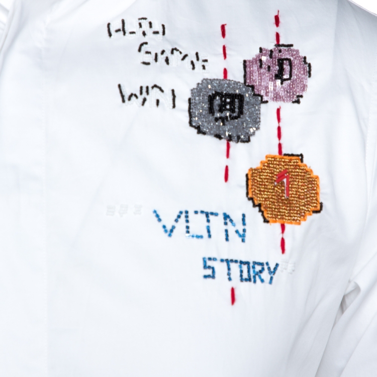Pre Owned Valentino White Cotton Video Game Arcade Embellished Shirt M