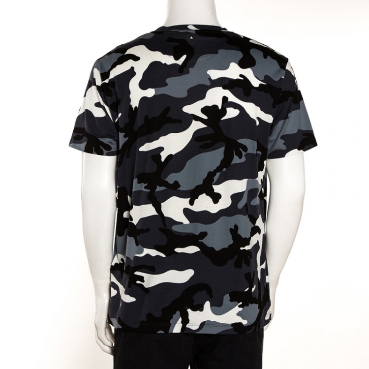 Pre Owned Valentino Blue Cotton Camouflage Print T Shirt L