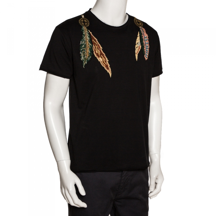 Pre Owned Valentino Black Cotton Charm Bead Embellished T Shirt M