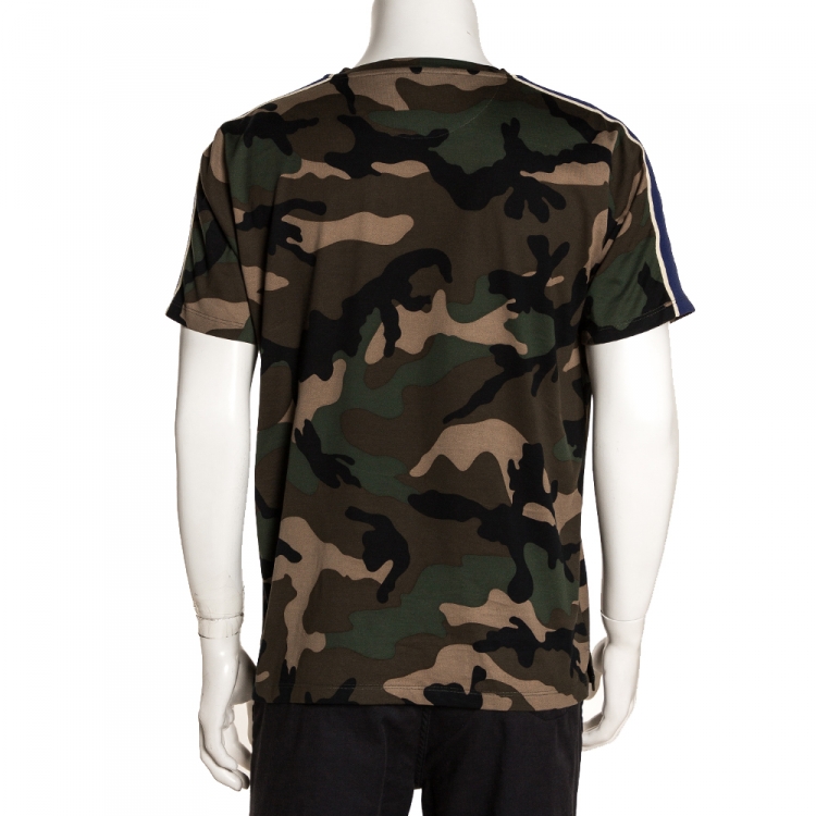Pre Owned Valentino Green Cotton Camouflage Print Shoulder Stripe Detail T Shirt L