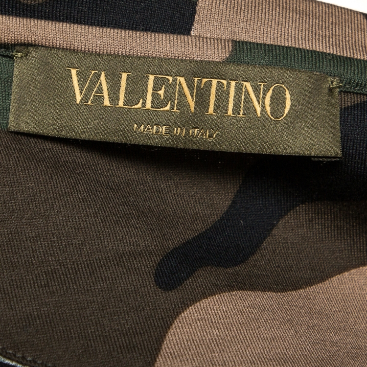 Pre Owned Valentino Green Cotton Camouflage Print Shoulder Stripe Detail T Shirt L