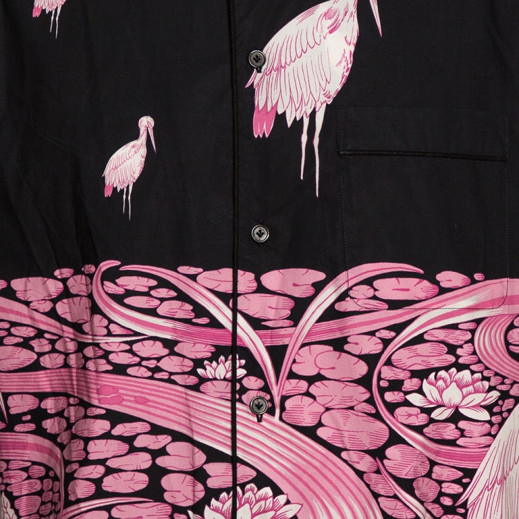 Pre Owned Valentino Black & Pink Cotton Japanese Pond Print Short Sleeve Shirt XL