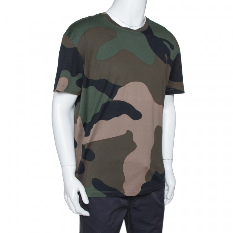 Pre Owned Valentino Green Macrocamouflage Print Cotton Crew Neck T-Shirt XL