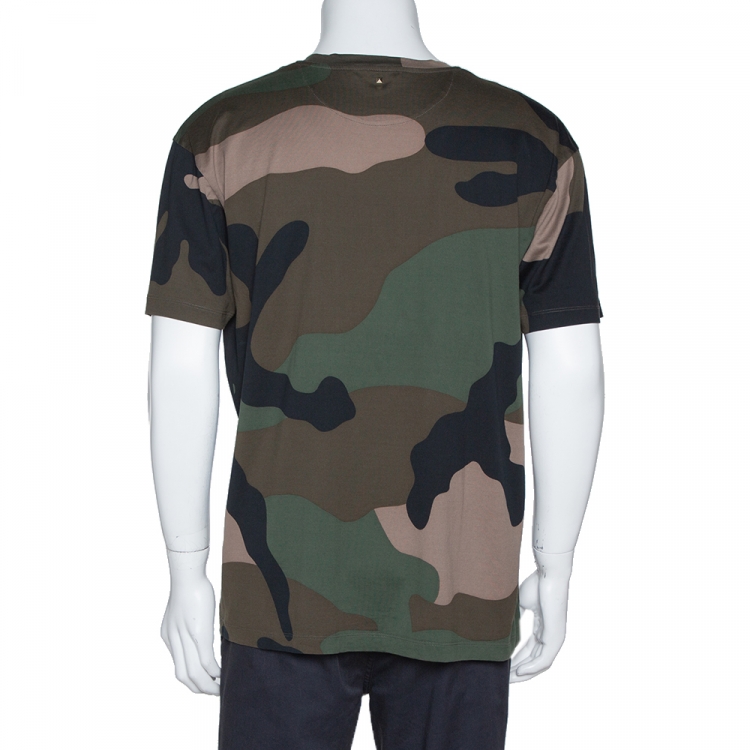 Pre Owned Valentino Green Macrocamouflage Print Cotton Crew Neck T-Shirt XL