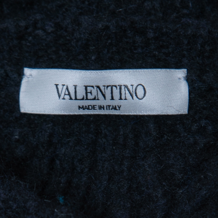 Pre Owned Valentino Dark Blue Mural Jungle Embroidered Alpaca & Wool Knit Jumper L