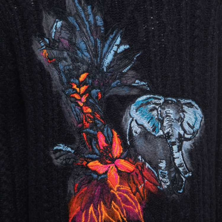 Pre Owned Valentino Dark Blue Mural Jungle Embroidered Alpaca & Wool Knit Jumper L