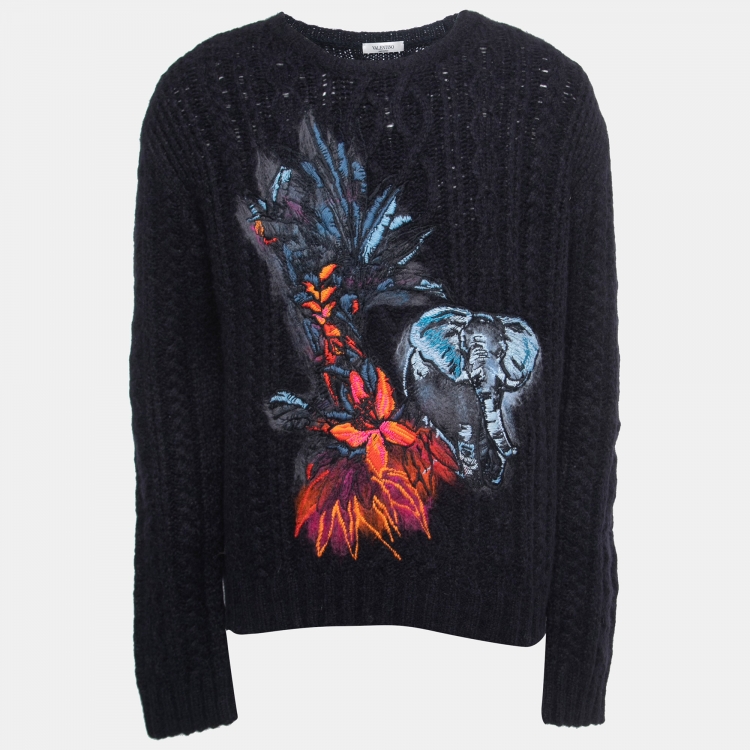 Pre Owned Valentino Dark Blue Mural Jungle Embroidered Alpaca & Wool Knit Jumper L