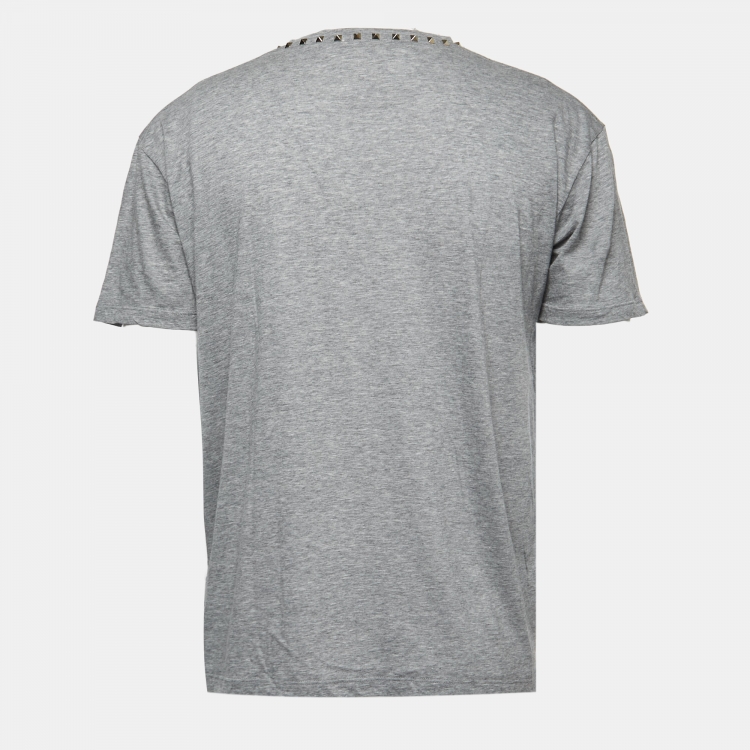 Pre Owned Valentino Grey Cotton Rockstud Neckine Detail Crewneck T-Shirt L