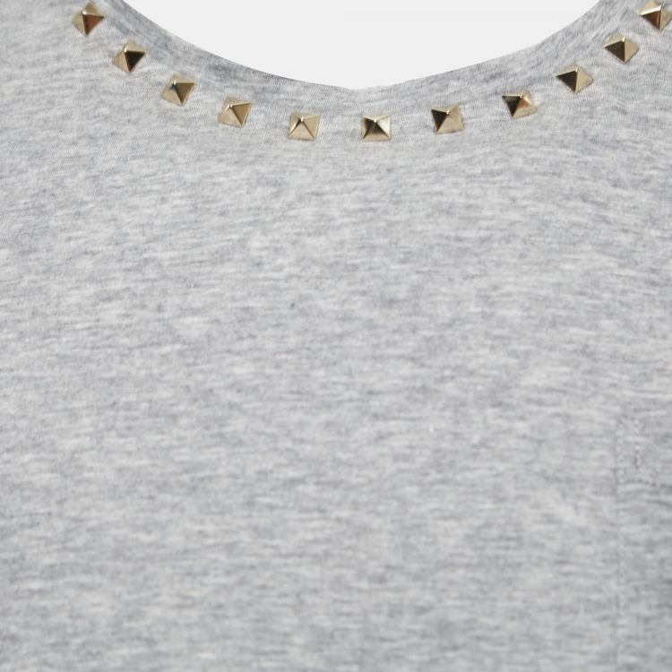 Pre Owned Valentino Grey Cotton Rockstud Neckine Detail Crewneck T-Shirt L