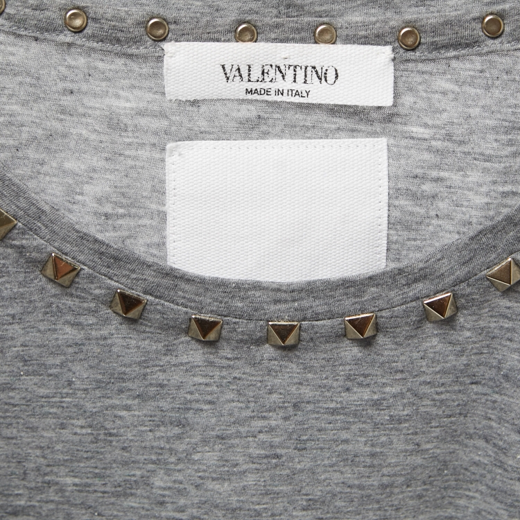 Pre Owned Valentino Grey Cotton Rockstud Neckine Detail Crewneck T-Shirt L