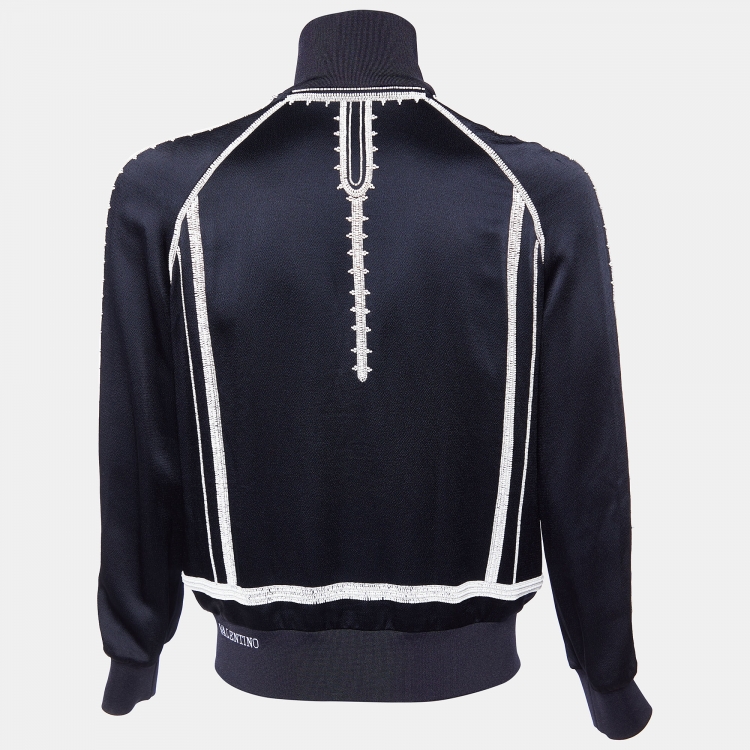 Pre Owned Valentino Navy Blue Satin Crepe & Knit Beaded Detail Bomber Jacket S