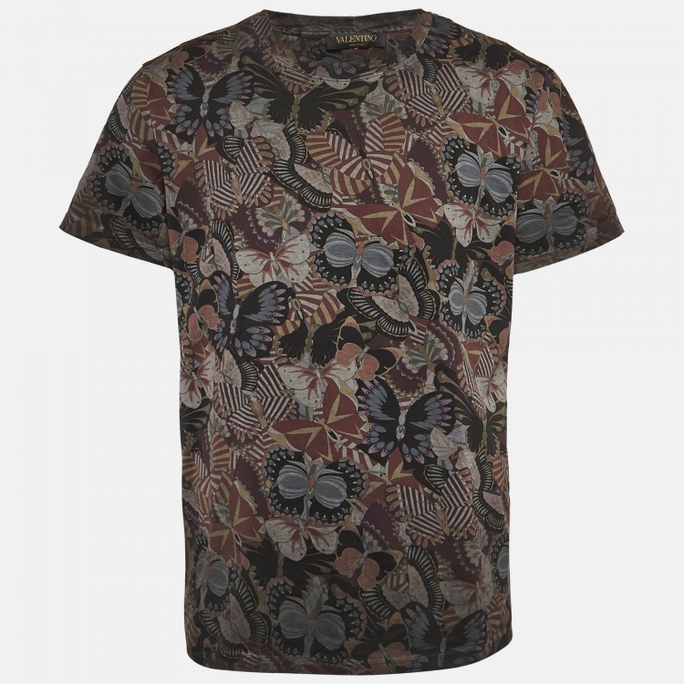 Pre Owned Valentino Grey Butterfly Print Cotton Crew Neck T-Shirt M