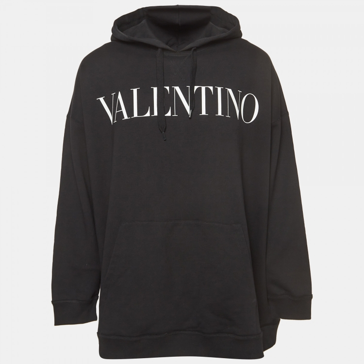 Pre Owned Valentino Black Printed Cotton Knit Hoodie L