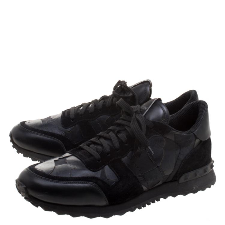 Pre Owned Valentino Black Camouflage Leather and Suede Rockrunner Sneakers Size 42