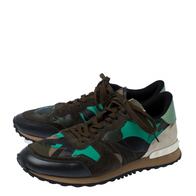 Pre Owned Valentino Multicolor Camouflage Printed Leather and Suede Rockrunner Sneakers Size 42
