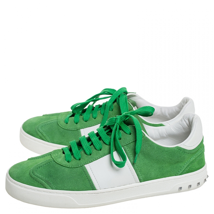 Pre Owned Valentino Green/White Suede and Leather Flycrew Lace Up Sneakers Size 42