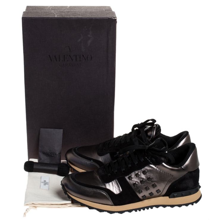 Pre Owned Valentino Metallic Grey Leather and Black Suede Rockrunner Stud Sneakers Size 43