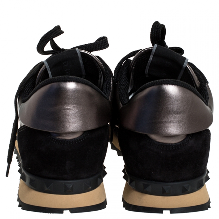 Pre Owned Valentino Metallic Grey Leather and Black Suede Rockrunner Stud Sneakers Size 43