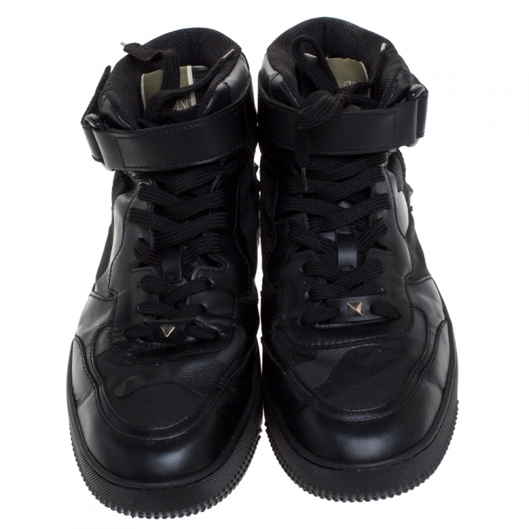 Pre Owned Valentino Black Camouflage Print Canvas And Leather High Top Sneakers Size 45