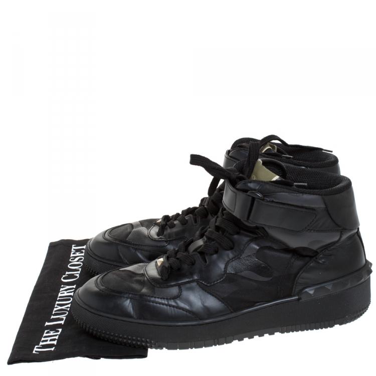 Pre Owned Valentino Black Camouflage Print Canvas And Leather High Top Sneakers Size 45