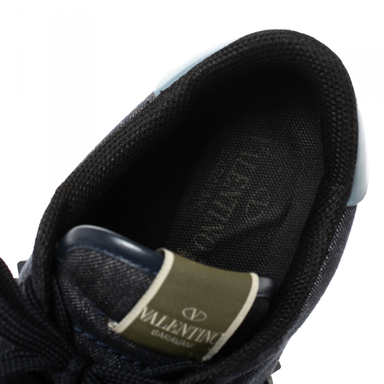 Pre Owned Valentino Blue Denim, Leather and Suede Rockrunner Stud Sneakers Size 42