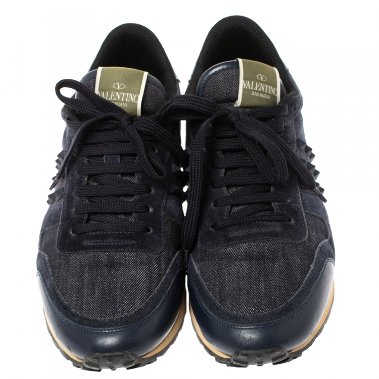 Pre Owned Valentino Blue Denim, Leather and Suede Rockrunner Stud Sneakers Size 42
