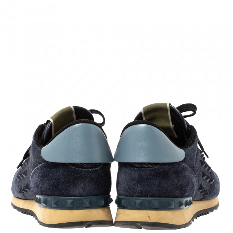 Pre Owned Valentino Blue Denim, Leather and Suede Rockrunner Stud Sneakers Size 42